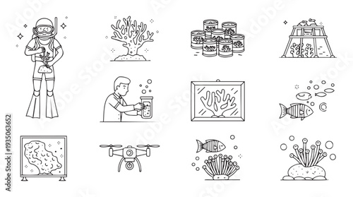 A comprehensive collection of marine conservation icons, depicting divers, scientists, coral reefs, underwater stations, and sea creatures, ideal for educational content and environmental