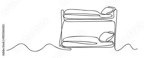 Minimalist one line drawing of a double decker bed and sleeping figures, perfect for travel accommodations, hostel advertisements, or bedroom interior topics.