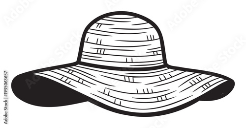 A stylized black and white outline drawing of a woven straw hat perfect for summer season travel promotions, beach holiday advertisements, or outdoor apparel accessories