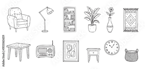 Line drawing collection of various home furniture and decor objects like a comfortable armchair, standing lamp, bookcase, potted plant, table, and radio for interior design projects.