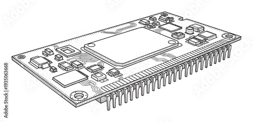 Detailed schematic drawing of a complex electronic circuit board module featuring various surfacemount components and throughhole pins, perfect for educational materials, technical manuals,