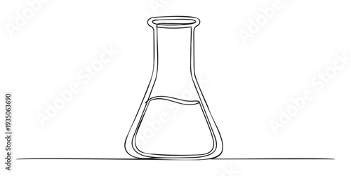 A minimalist continuous single line drawing illustrating a chemical laboratory flask containing liquid, suitable for scientific research presentations, educational resources, and chemistry