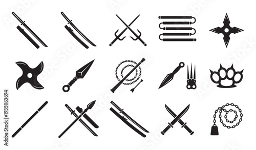 Black silhouettes of various martial arts weapons and ninja equipment including swords shurikens and nunchaku for combat training or historical warrior content
