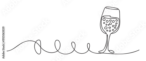 Continuous line drawing of a sparkling champagne glass with celebratory bubbles and a dynamic swirling corkscrew element perfect for beverage event promotions and holiday season greetings