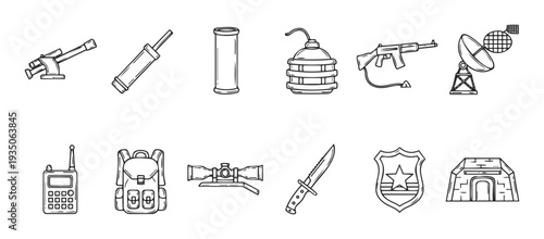 A versatile collection of military and survival equipment outline icons, ideal for security applications, outdoor adventure designs, or tactical user interfaces.