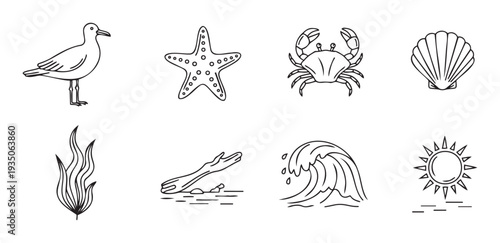Outline icons of a seagull, starfish, crab, seashell, seaweed, driftwood, ocean wave, and sun, ideal for summer travel promotions, marine education, and seaside graphic projects.