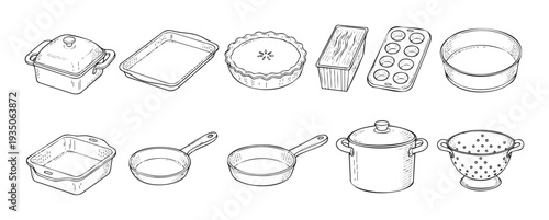 Comprehensive collection of essential baking and cooking kitchenware in a classic line drawing style, perfect for culinary educational materials or kitchen themed graphic resources.