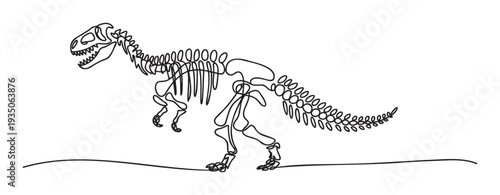 Dynamic single line drawing of a T Rex dinosaur skeleton, perfect for educational content, natural history museum displays, scientific publications, and paleontological studies.