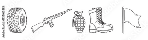 Military and outdoor equipment featuring an offroad tire, a rifle, a hand grenade, a combat boot, and a flag, useful for projects about defense and armed forces.