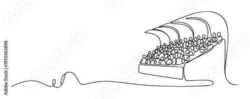 Continuous line drawing illustrating a sports stadium grandstand packed with an enthusiastic audience, ideal for event promotion, sports marketing, or minimalist graphic symbolizing unity