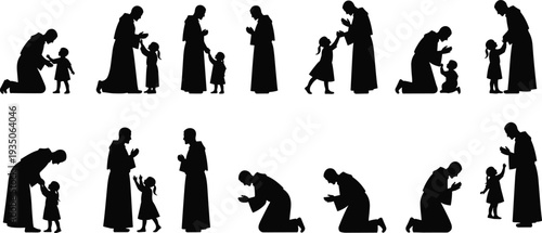 Set of Black Silhouette Vector Illustrations Featuring an Elderly Man and a Little Girl in Religious Prayer and Spiritual Connection for Church Designs
