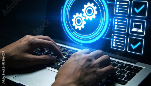 Person typing on laptop with glowing interface displaying automation gears and checklist icons signifying project completion