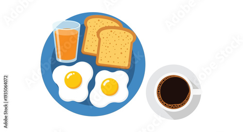 A colorful breakfast spread featuring toast eggs juice and coffee presented in a flat design silhouette high quality professional detailed modern