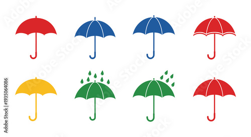 A colorful arrangement of umbrellas in various shades including a rain cloud depicted as a flat silhouette high quality professional detailed
