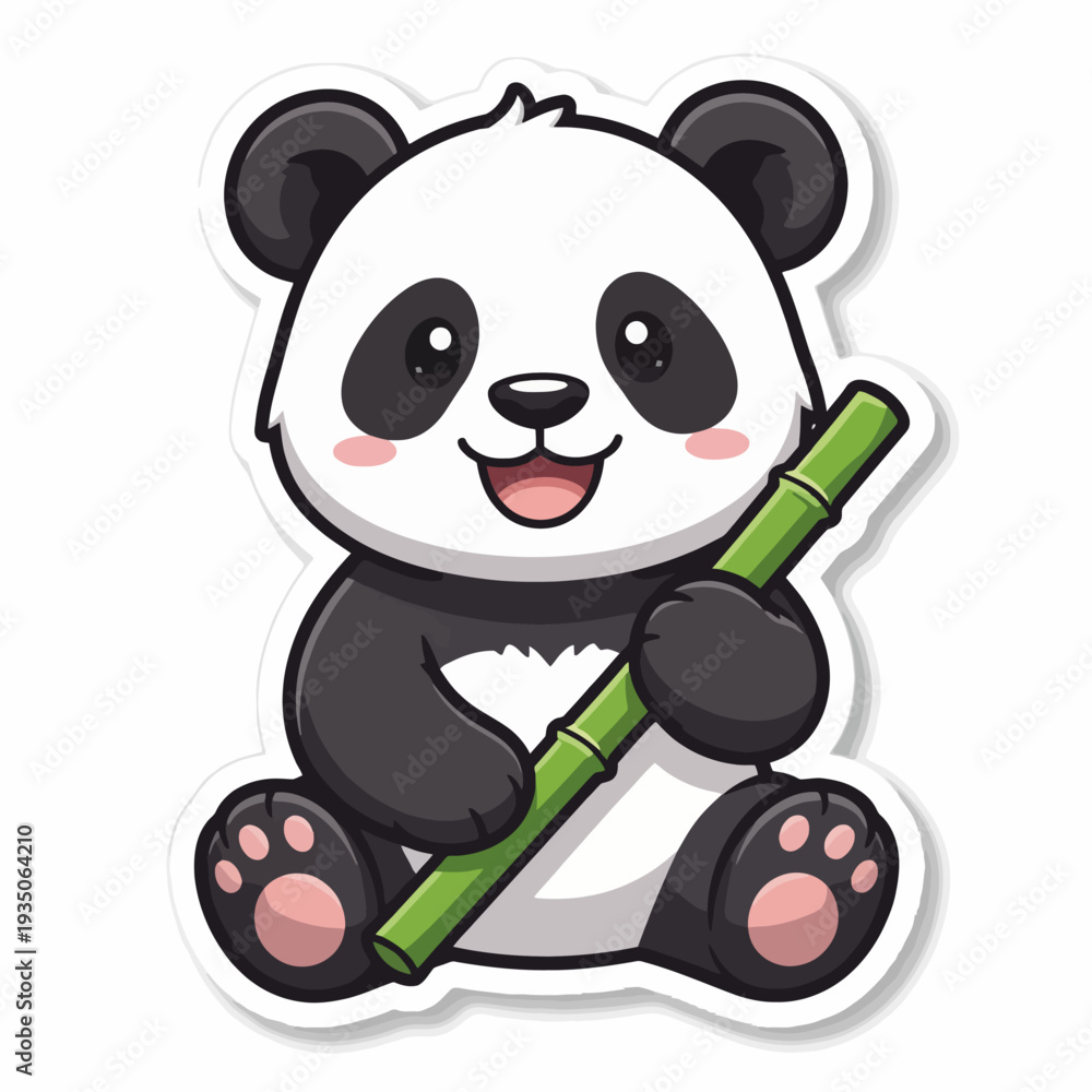 Naklejka premium Adorable cartoon panda enjoying bamboo in relaxed sitting pose