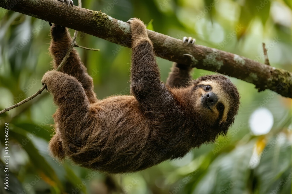 Obraz premium A two-toed sloth hanging upside down from a tree branch in a lush forest environment