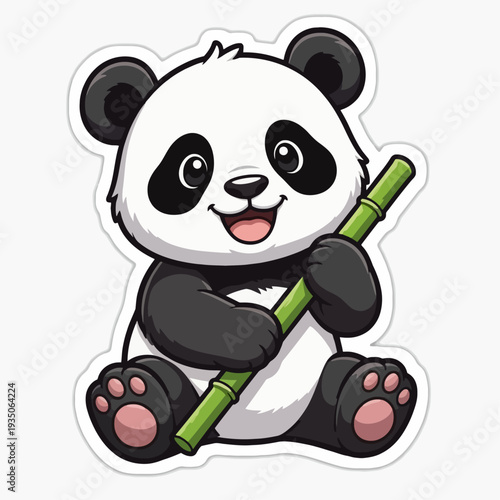 A cartoon panda bear happily holding bamboo sticks while sitting down