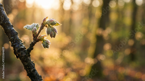 Close up fresh budding leaves in peaceful spring sunlight showing awakening nature growth with warm glow emotional hopefulness in forest woods