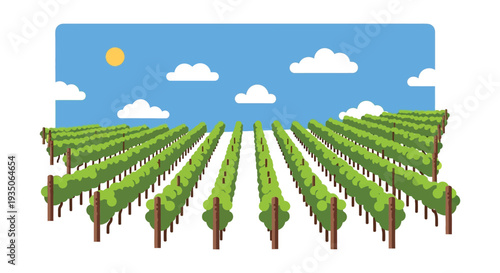 A vibrant vineyard landscape under a bright blue sky with fluffy clouds featuring a dark silhouette high quality professional detailed modern