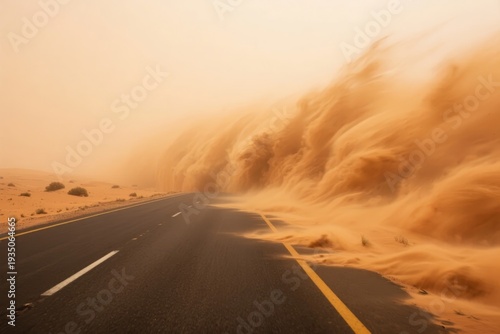 Sandstorm sweeping across a desert highway, obscuring visibility with swirling dust and wind