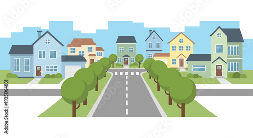 A colorful flat illustration depicts a suburban street lined with houses and trees presenting a charming silhouette high quality professional detailed