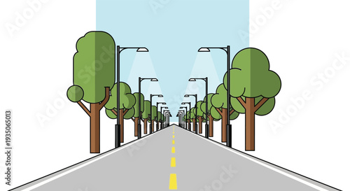 A long straight road lined with trees and streetlights extends into the distance rendered as a striking silhouette high quality professional
