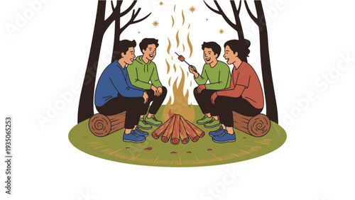 Friends sitting around a campfire in the woods at night