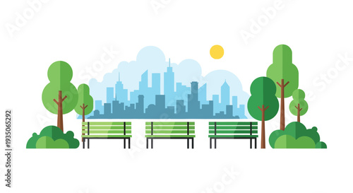 A flat colorful cityscape scene with park benches and trees presenting a striking silhouette high quality professional detailed modern elegant stylish