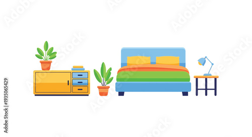 A brightly colored stylized bedroom interior with furniture and plants depicted in a flat silhouette high quality professional detailed modern elegant