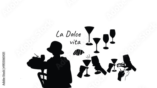 Wine illustration with people enjoying grapes and glasses of red wine