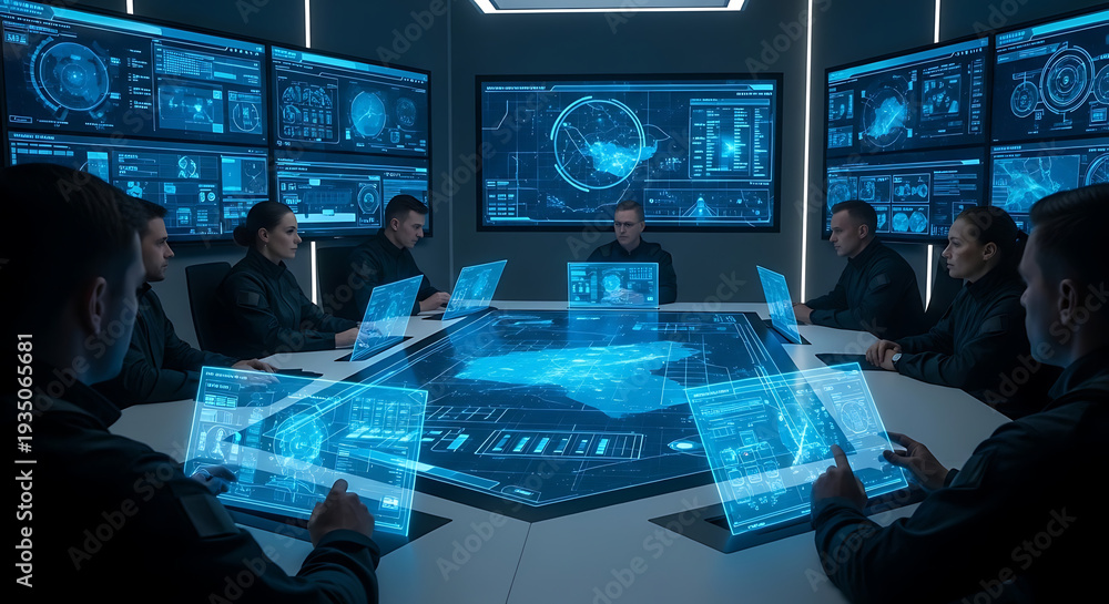 Naklejka premium Modern Tactical Briefing Room with Holographic Data. Strategic Planning Session in a Futuristic Command Center