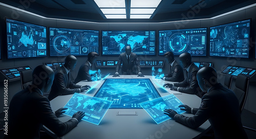 Modern Tactical Briefing Room with Holographic Data. Strategic Planning Session in a Futuristic Command Center