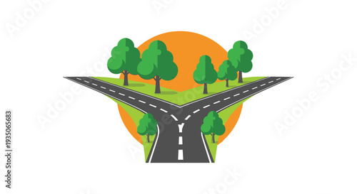 A diverging roadway leads towards a brightly colored sunset with stylized trees rendered as a flat silhouette high quality professional detailed