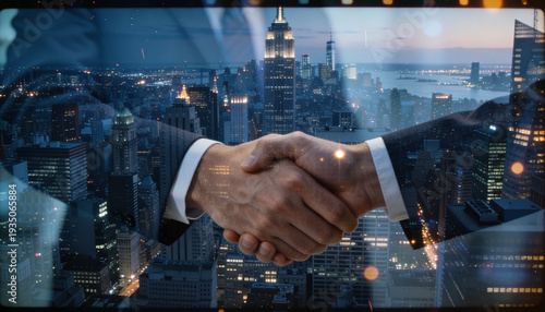 Handshake between businessmen over illuminated city skyline at night, business deal concept