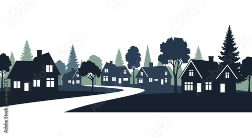 A tranquil village landscape with dark stylized buildings and trees against a bright atmospheric sky silhouette high quality professional detailed modern