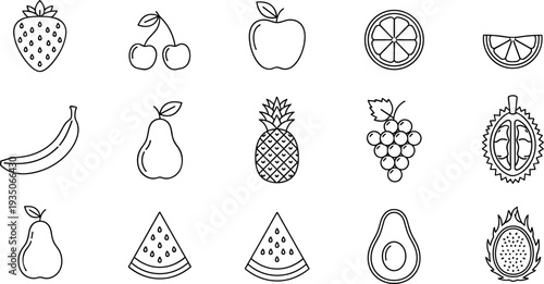 Fruit Outline Icon Set with Strawberry Cherry Apple Banana Pineapple Grape Watermelon Avocado and Citrus Symbols for Healthy Food Design