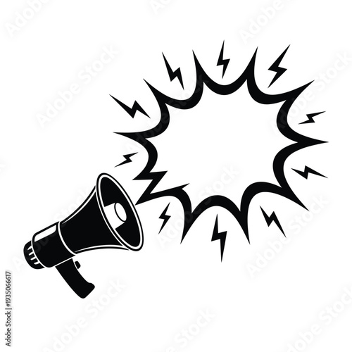 Black and white illustration of a megaphone with radiating lightning bolts
