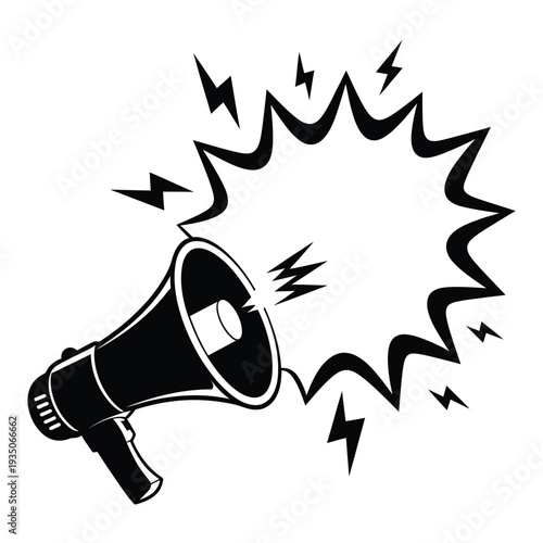 A black and white illustration of a megaphone with radiating sound waves