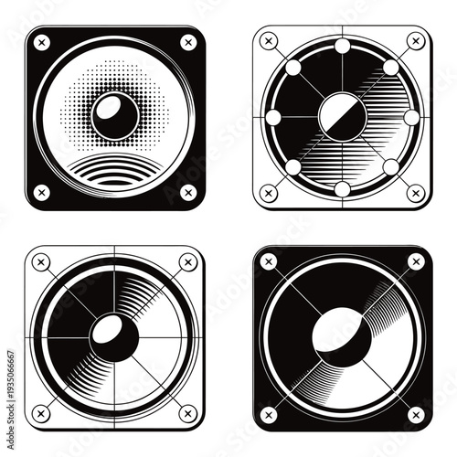 Four abstract speaker designs in black and white geometric patterns