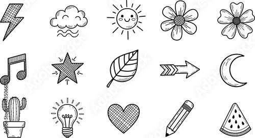 Hand Drawn Doodle Icon Set with Sun Cloud Moon Flower Leaf Music Note Lightning Heart and Creative Sketch Symbols