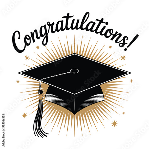 Congratulations graduation cap with golden rays and celebratory stars design