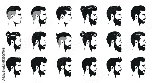 Men's hairstyles and beard icons collection for barbershop grooming and male hair styling services