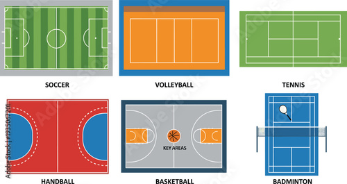 Sports Court Top View Vector Set with Soccer, Volleyball, Tennis, Basketball, Handball and Badminton Fields