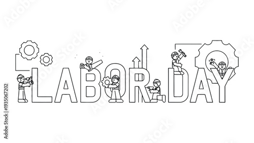 Labor Day illustration with cartoon workers and industrial elements