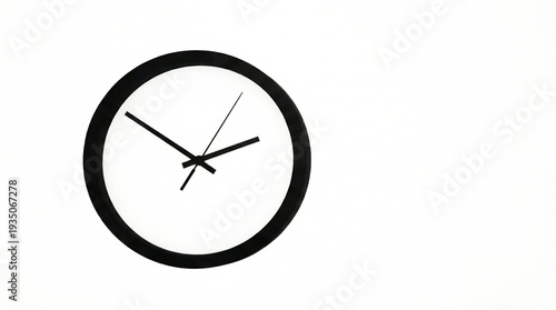 Simple Round Black Wall Clock on White Background with Negative Space