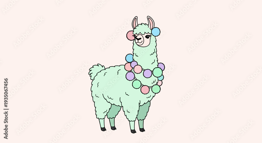 Fototapeta premium Cute llama, cartoon llama, green llama, colorful pom pom necklace, whimsical animal illustration, eps vector
