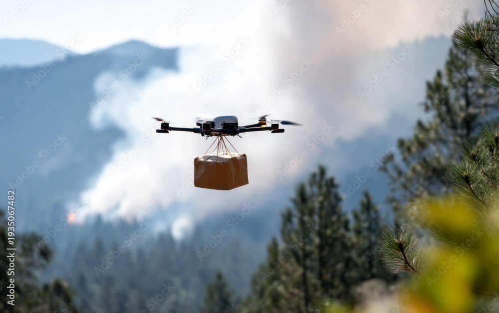 Fototapeta premium Drone Delivering Survival Kit Near Forest Fire Zone