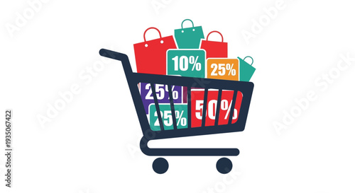 A vibrant shopping cart overflows with colorful sale tags and discount percentages presented as a striking silhouette high quality professional detailed