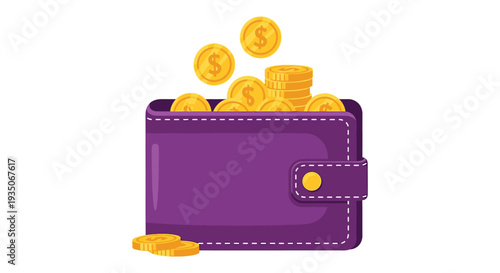 A vibrant purple wallet overflows with golden coins depicting financial abundance and prosperity a striking silhouette high quality professional detailed modern