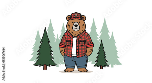 Vector illustration of a bear in plaid shirt and jeans